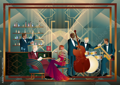 Jazz musicians and singer in a restaurant, cafe or bar. Double bass, saxophone, drum. Musicians play musical instruments