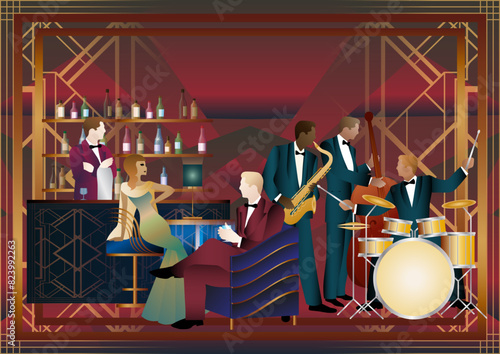 Jazz musicians and singer in a restaurant, cafe or bar. Double bass, saxophone, drum. Musicians play musical instruments
