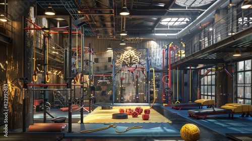 A gym interior with a superhero training theme, complete with obstacle courses and superhero-inspired equipment. realistic photo