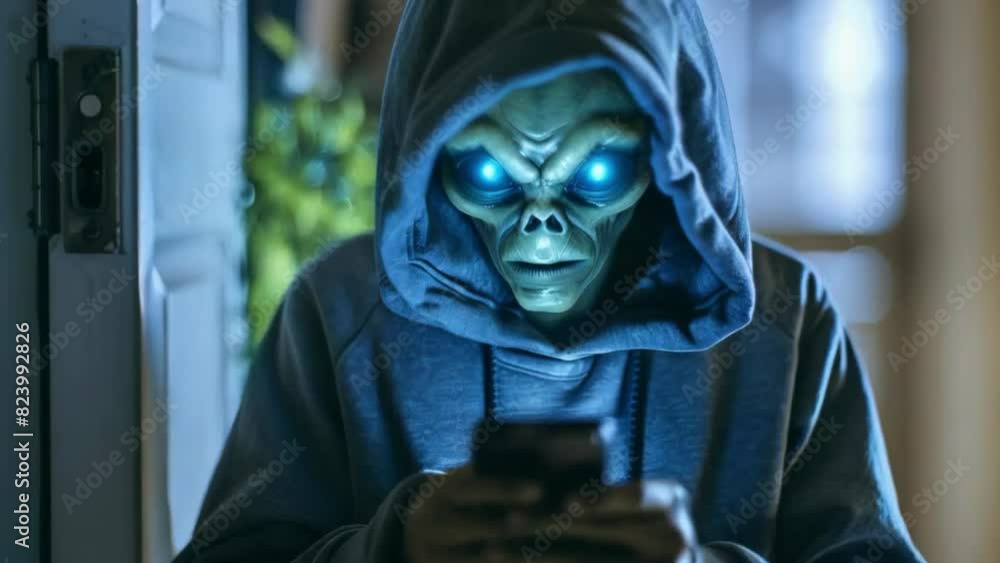 alien looking and using smartphone social media. alien with phone. 4k new stock video footage Ai. alien looking and using smartphone social media. alien with phone. 4k new stock video footage Ai.