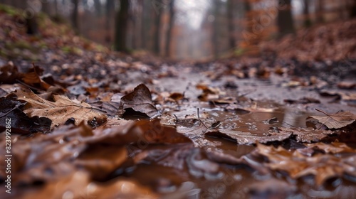 Soggy brown leaves litter the thawing ground revealing the hidden landscape underneath.