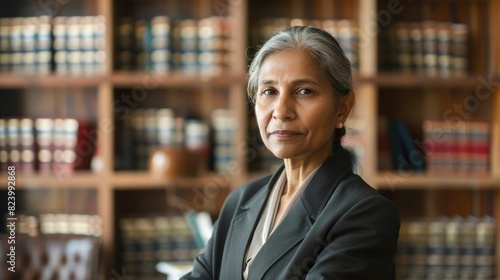 The picture of the senior indian female lawyer working inside room filled with the books or library, the lawyer require skill like law expert and knowledge, experience and negotiation skill. AIG43.