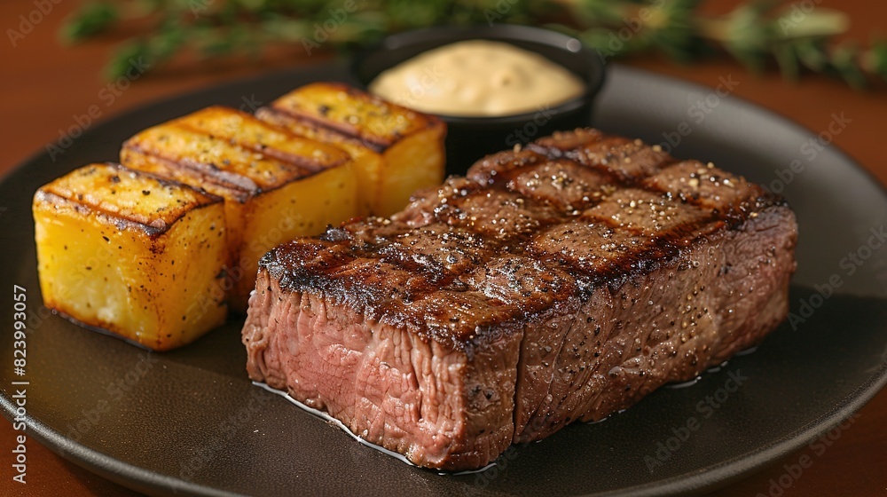 A juicy steak served alongside crispy potato wedges and a dollop of creamy ranch dressing on the side A juicy steak served alongside crispy potato wedges and a dollop of creamy ranch dressing on the side