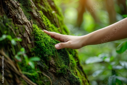 delicate hand gently touching vibrant green moss on ancient tree trunk nature connection concept