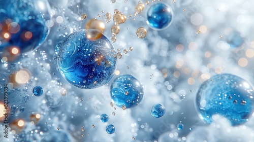  A cluster of azure orbs levitating above a dual-toned expanse featuring both cerulean and ivory elements, with droplets of liquid adorning their undersides