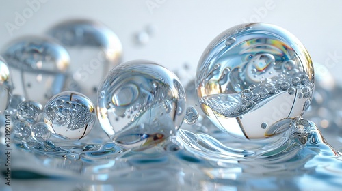  A cluster of glass orbs hovering above a mirrored surface, adorned with droplets photo
