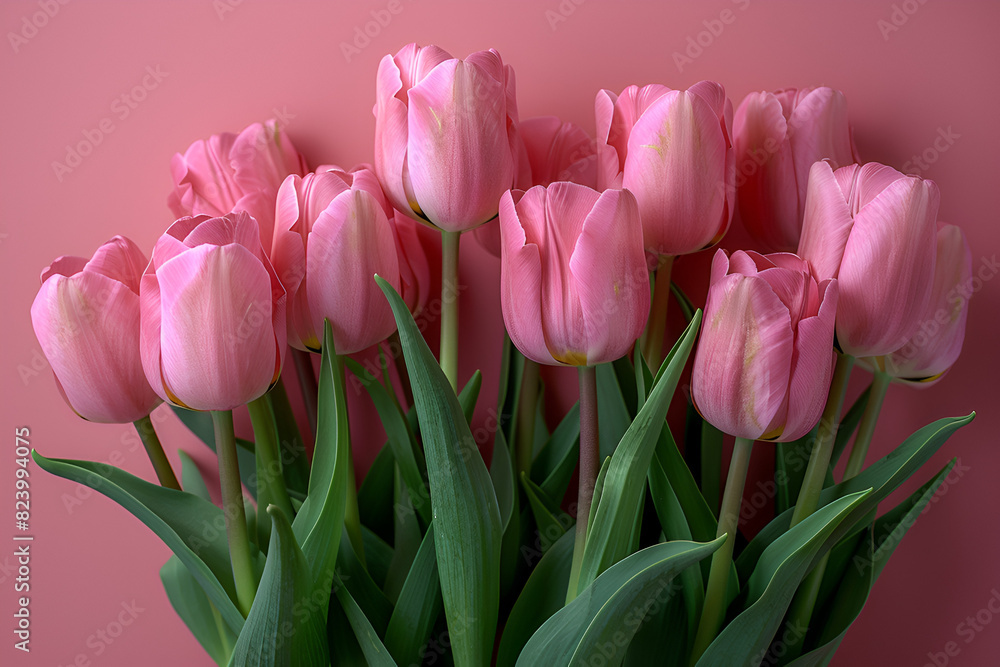 Attractive Pink Holiday Banner Bouquet of Pink,
a bouquet of pink tulips on a pink background for Mother's day 