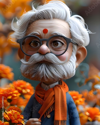 3D Cartoon of Indian Saint Political Leader: White Hair and Beard in Orange Clothes photo