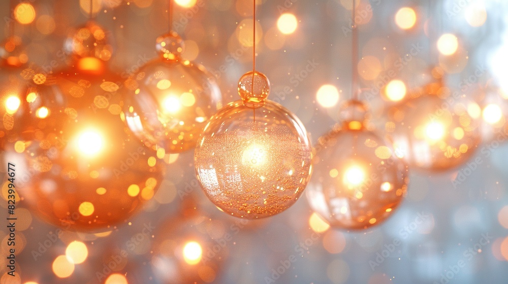 A cluster of glass orbs dangling from twine in a chamber with overhead luminescence and hazy ambiance A cluster of glass orbs dangling from twine in a chamber with overhead luminescence and hazy ambiance