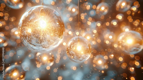  A room adorned with glistening glass balls hung from strings, illuminated by golden and white bouncy lights