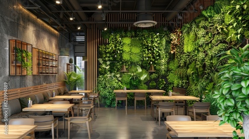 A modern cafe or restaurant with a living wall of greenery, biophilic design, vertical gardening, eco friendly green nature design landscape in realistic