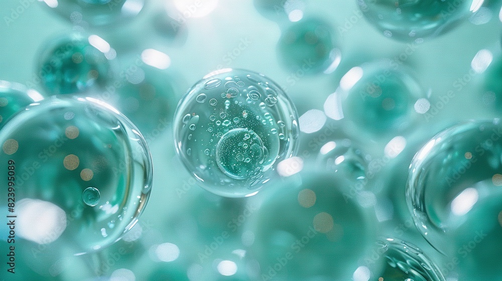 A cluster of bubbles floating atop one another in a blue-green liquid, surrounded by an atmosphere of gaseous bubbles A cluster of bubbles floating atop one another in a blue-green liquid, surrounded by an atmosphere of gaseous bubbles