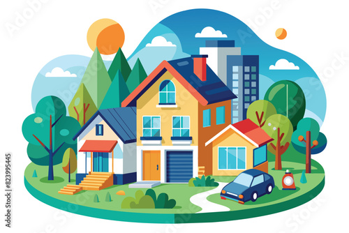 Vibrant suburban neighborhood with modern houses, trees, and city skyline in flat design vector illustration