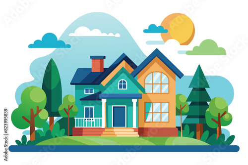 Vibrant flat design illustration of modern suburban houses with lush garden and sunny sky
