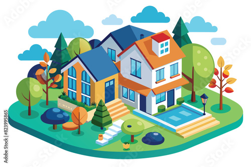 Modern suburban neighborhood illustration with houses, trees, and swimming pool in isometric flat design