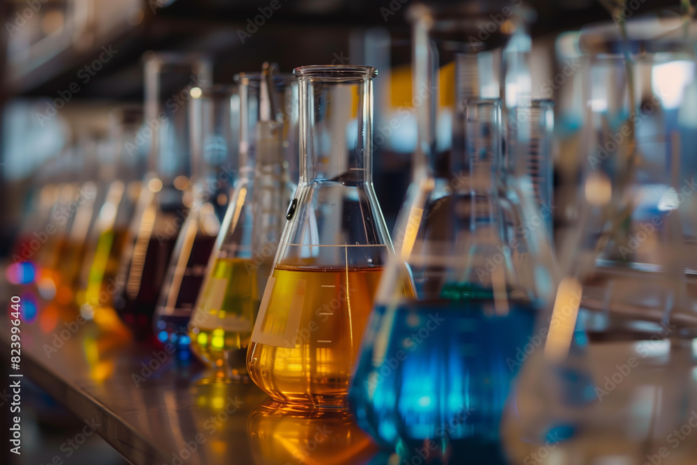 A neatly arranged lineup showcasing various brightly colored liquid samples in a laboratory A neatly arranged lineup showcasing various brightly colored liquid samples in a laboratory