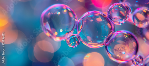 This image features vibrant soap bubbles floating with a blurry bokeh background, creating a whimsical and dreamy atmosphere