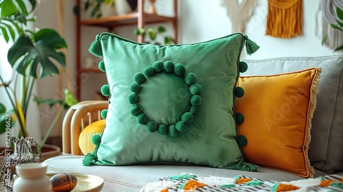   Green pillows sit on a couch with pom poms on one photo
