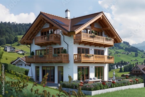 : A charming Swiss chalet-style suburban house with a steep roof, wooden balconies, and large windows, set in a picturesque landscape of rolling hills and meadows.