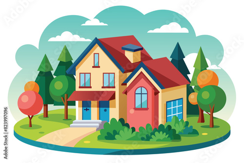 Cartoon style suburban house with red roof and green trees on a floating island, flat design vector illustration