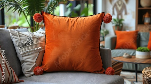   An orange pillow with pom poms rests on a gray chair in a room featuring a potted plant photo