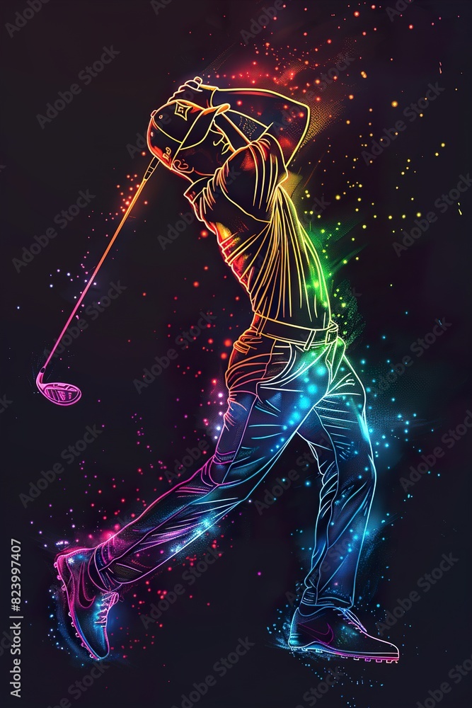 Rainbow magical glowing adorable PGA player hit ball, character drawing. Rainbow magical glowing adorable PGA player hit ball, character drawing.