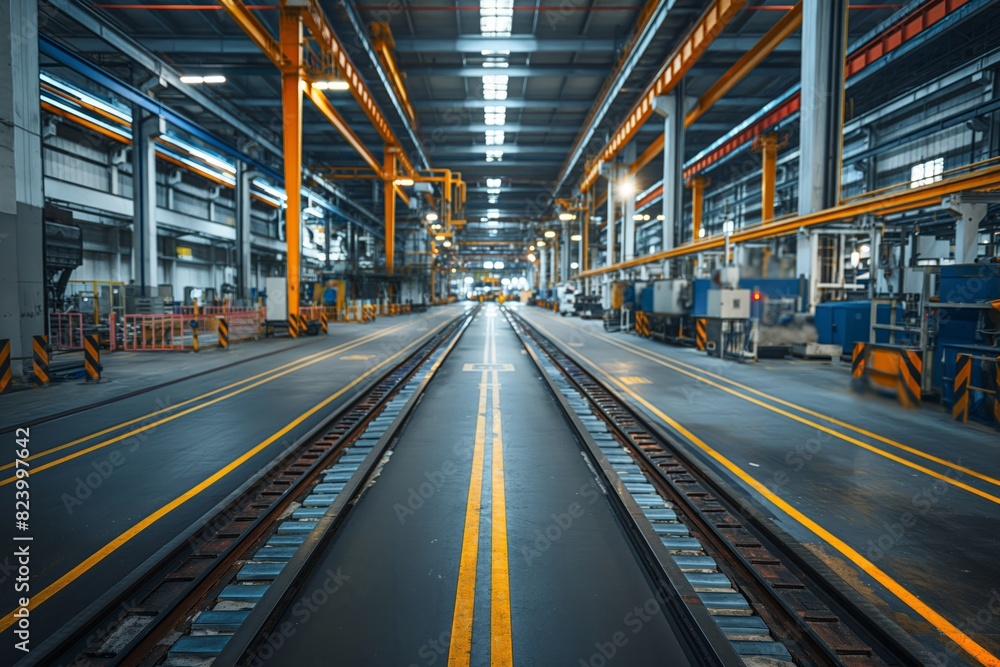 Empty industrial production hall with tracks