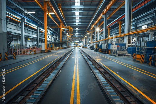 Empty industrial production hall with tracks