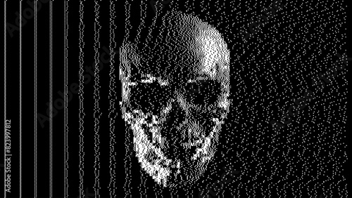 Glitched CCTV Noise White Line Skull. Black and White Skull with Scanline VHS Glitch Effect Vector Illustration. Human Skull Symbol isolated on Black Background.