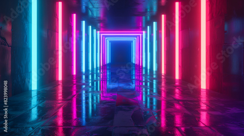 Dark passage with neon lighting. Dark room with lighting. Light concept. Bright colors.