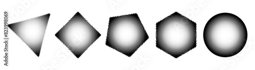 Abstract Graphic Design Elements Set. Trendy Shapes Circle, Square, Hexagon, Triangle with Bitmap Raster Dithering Effect. Y2K Geometric Shapes. Brutalist Design. Vector Dither Gradient Effect.