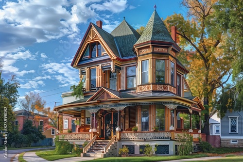   A classic Victorian-style suburban house with intricate woodwork  colorful exterior paint  and a wraparound porch  set in a picturesque neighborhood street.