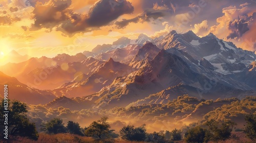 Beautiful mountains with golden light of dawn 