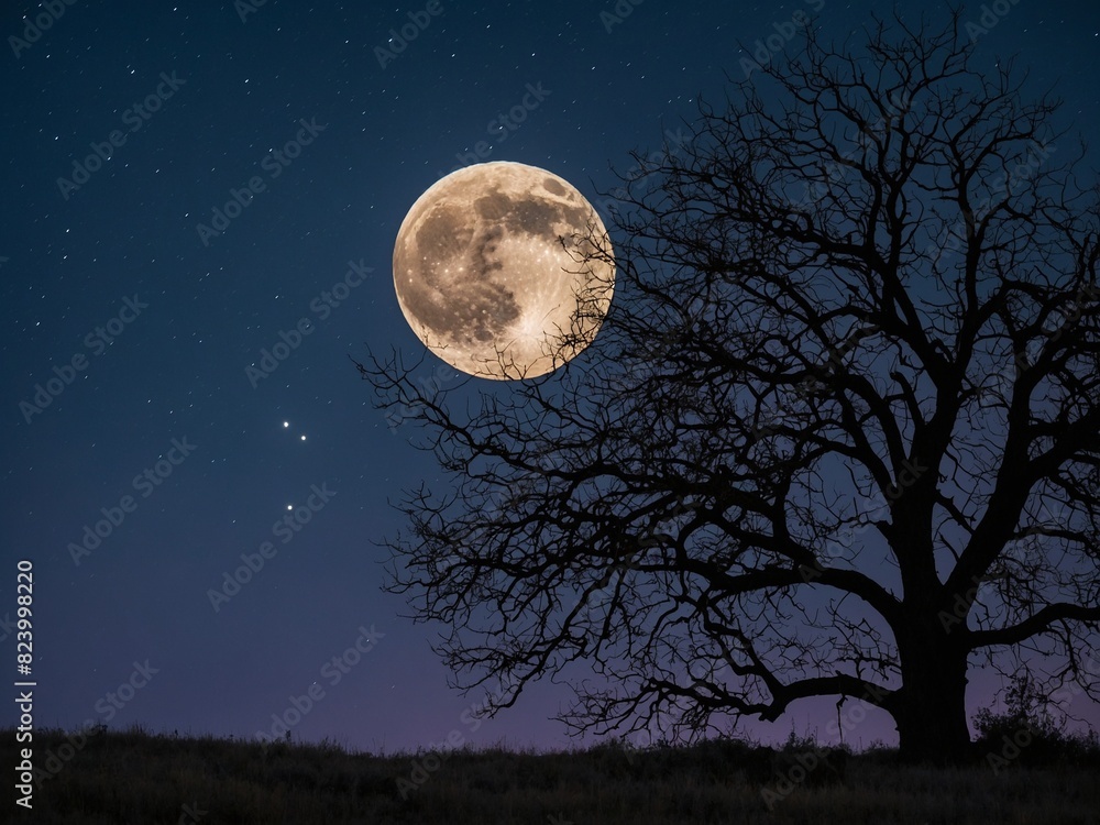 Full moon dominates night sky, casting soft glow over silhouette of leafless tree, grassy hill. Vastness of space hinted at by presence of stars scattered across dark blue expanse. Full moon dominates night sky, casting soft glow over silhouette of leafless tree, grassy hill. Vastness of space hinted at by presence of stars scattered across dark blue expanse.