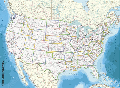 United States of America political map. Super high quality. Detailed with thousands of place name labels.