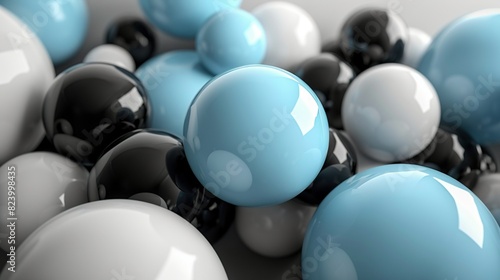   A group of blue and black balls rests amidst a mixture of black and white balls, with one ball being blue and another being black and white photo