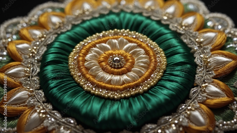 Meticulously crafted circular green, white fabric ornament displayed against dark background. Ornament features intricate ribbon embroidery, beadwork that forms concentric circles. Meticulously crafted circular green, white fabric ornament displayed against dark background. Ornament features intricate ribbon embroidery, beadwork that forms concentric circles.