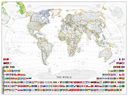 The World political map with flags. Super high quality. Detailed with thousands of place name labels.