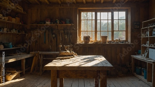 Sunlight streams through large window into rustic woodworking shop, casting shadows, highlighting dust in air. Wooden table in center appears worn, suggesting frequent use.