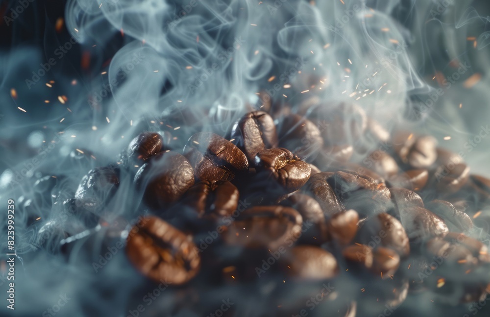 Closeup of coffee beans and smoke rising from the cup, creating an atmosphere of warmth and mystery Closeup of coffee beans and smoke rising from the cup, creating an atmosphere of warmth and mystery