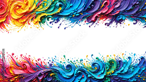 Colorful rainbow thick acrylic paint with bold strokes forms a border with empty space. Frame or banner made from oil dripping liquid paint brushstrokes. Art painting design for poster or invitation photo