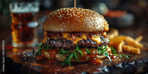 Closeup shot of a hamburger on a wooden cutting board