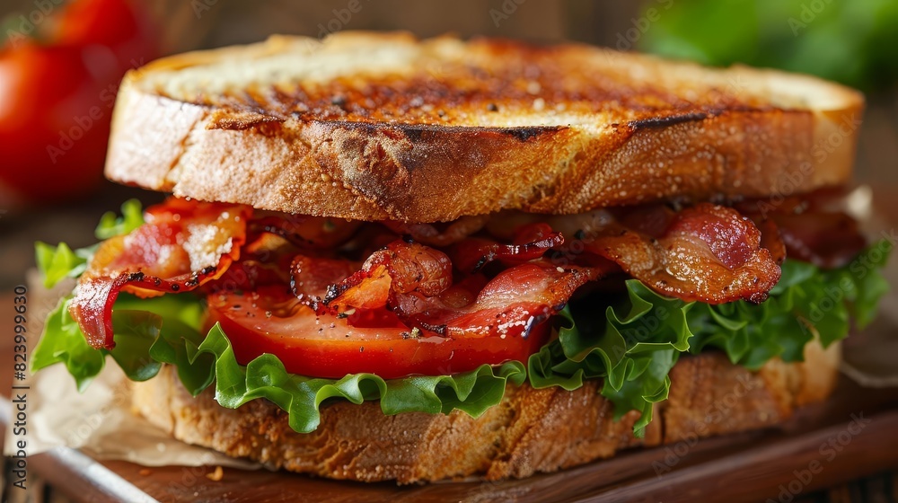 Describe a classic BLT sandwich with crispy bacon, fresh lettuce, and ripe tomatoes on toasted bread, Close up Describe a classic BLT sandwich with crispy bacon, fresh lettuce, and ripe tomatoes on toasted bread, Close up
