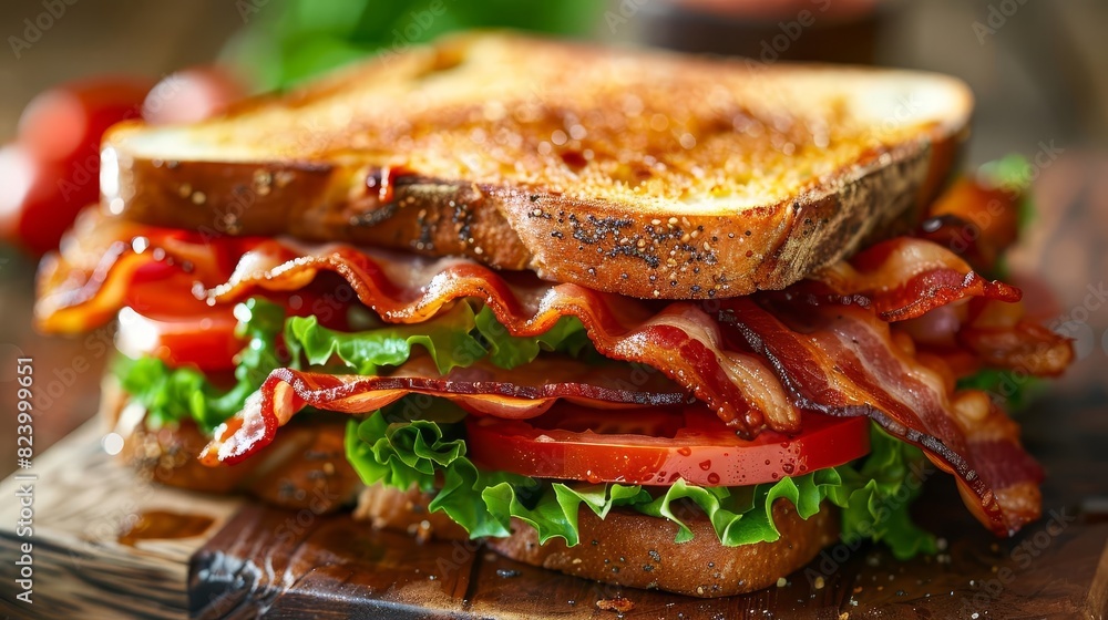 Describe a classic BLT sandwich with crispy bacon, fresh lettuce, and ripe tomatoes on toasted bread, Close up Describe a classic BLT sandwich with crispy bacon, fresh lettuce, and ripe tomatoes on toasted bread, Close up