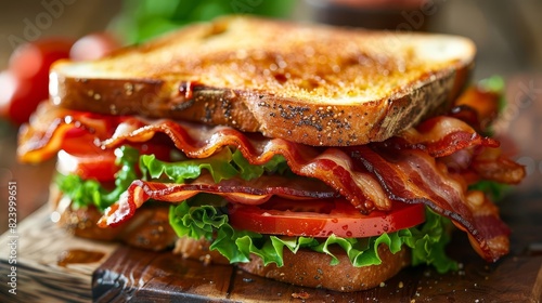 Describe a classic BLT sandwich with crispy bacon  fresh lettuce  and ripe tomatoes on toasted bread  Close up