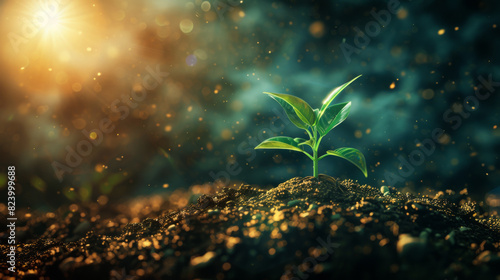Close-up of a small sprout growing from the ground  reaching towards the setting sun. Young green plant on an agricultural field on a sunny day. Ecology and agriculture concept.