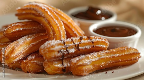 Describe a closeup of freshly made churros, dusted with sugar and served with a rich chocolate dipping sauce, Close up