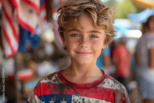  Young boy in an american flag shirt in an outdoor 4th of July barbecue party  © AISTEL