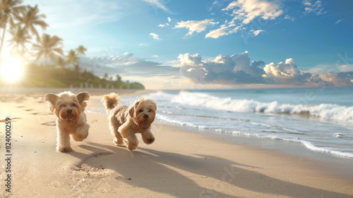 A happy active dogs running along the water along the sandy coast of the ocean, splashing water  on a beautiful summer day.