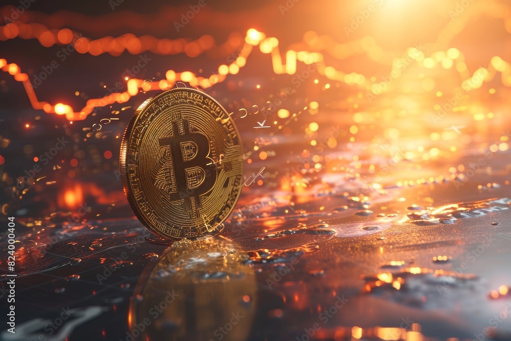 Photo of Golden Bitcoins new virtual money, Bitcoin going up in a bull run with a chart in the background, AI generated Photo of Golden Bitcoins new virtual money, Bitcoin going up in a bull run with a chart in the background, AI generated